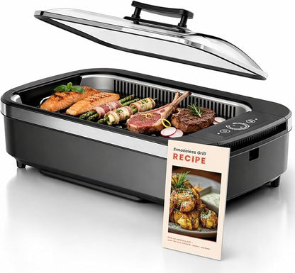 Kismile Smokeless Indoor Grill, 1500W Electric Grill with 6-Level Temp Control, Korean BBQ Grill with Glass Lid, Compact & Portable, Non-Stick Grill Plate, Auto Shut Off & Dishwasher Safe