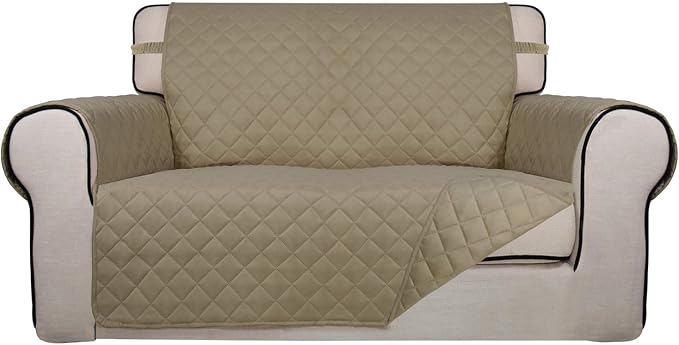PureFit Reversible Quilted Sofa Cover, Water Resistant Medium Slipcover Furniture Protector, Washable Couch Cover with Non Slip Foam and Elastic Straps for Kids, Dogs, Pets (Loveseat, Beige/Beige) | Beige/Beige, Water Resistant Couch Protector, Washabl...