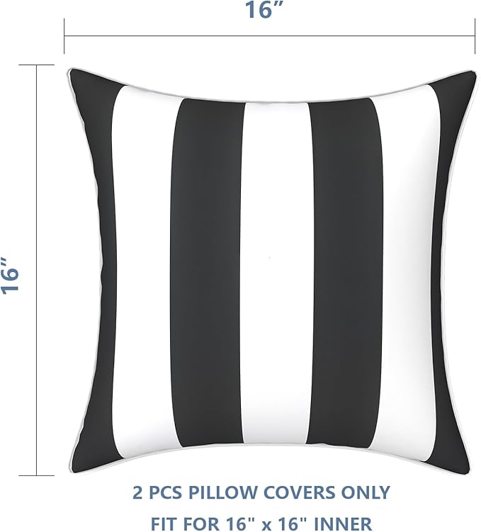 LVTXIII Outdoor Pillow Covers Set of 2, Patio Waterproof Throw Pillow Cases Fade Resistant Accent Pillow Covers for Spring Summer Garden Decoration, 16x16 Inch, Cabana Black