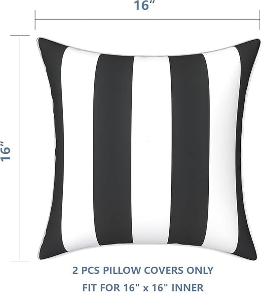 LVTXIII Outdoor Pillow Covers Set of 2, Patio Waterproof Throw Pillow Cases Fade Resistant Accent Pillow Covers for Spring Summer Garden Decoration, 16x16 Inch, Cabana Black