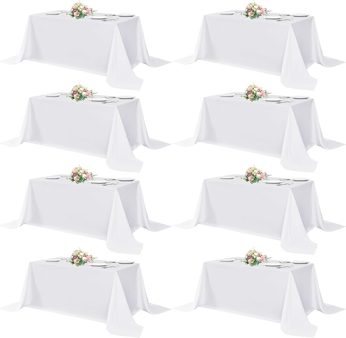 sancua White Table Cloths Rectangle, 8 Pack 90x132 Inch Tablecoths Rectangular for 6 Foot Tables - Washable Polyester Fabric Table Cover for Wedding, Birthday Party, Banquet Reception