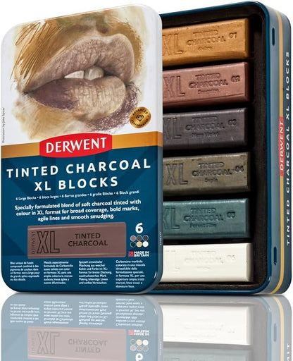 Derwent Tinted Charcoal XL Blocks 6 Tin, Set of 6, 60mm Extra-Large Block, Naturally Water-soluble, Ideal for Sketching, Drawing and Expressive Mark Making, Professional Quality (2306177)
