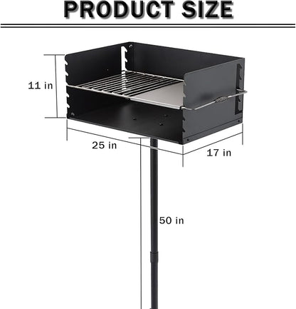 25x17 Inch Park-Style Heavy Duty Steel Charcoal Grill: An Outdoor BBQ Solution with Grate and Single Post Design for Backyard Barbecues and Camping