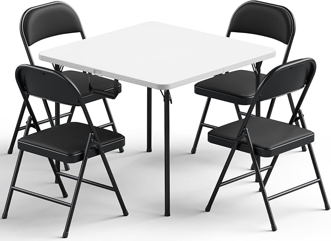 Folding Table and Chairs Set for 4, 5 Piece Card Table Set with 36" Square Foldable Table & 4 Padded Folding Chairs, Portable Indoor Outdoor Dining Table Set for Picnic, Camping, RV, Game Night, Patio