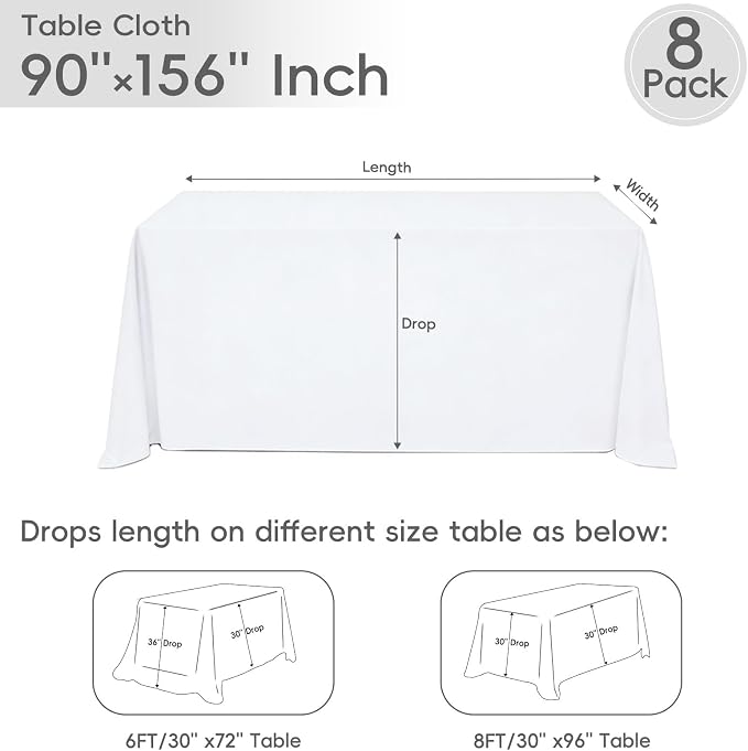 8 Pack White Rectangle Table Cloth 90 x 156 Inch For 8 Foot Tables | Wrinkle Resistant Tablecloth, Washable Polyester Fabric, Rectangular Tablecloth for Wedding Party Banquet Buffet