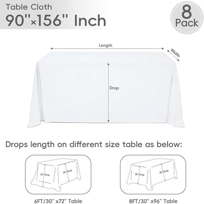 8 Pack White Rectangle Table Cloth 90 x 156 Inch For 8 Foot Tables | Wrinkle Resistant Tablecloth, Washable Polyester Fabric, Rectangular Tablecloth for Wedding Party Banquet Buffet