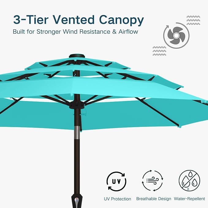10FT Patio Umbrella 3 Tiers Outdoor Market Umbrella w/Push Button Tilt, Crank, UV and Waterproof Table Umbrella for Garden, Pool, Backyard, Deck, Lawn, Aqua Blue
