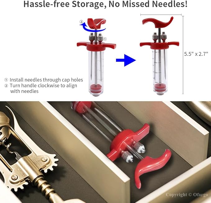 Ofargo Plastic Marinade Injector Syringe with Screw-on Meat Needle for BBQ Grill, 1-oz, Red, Recipe E-Book (Download PDF)