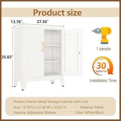 GAIOUS 36" Metal Floor Storage Cabinet, Locked Steel Storage Cabinets with 2 Doors and 2 Adjustable Shelves, White Kitchen Cabinet, Freestanding Cabinet for Home/Office/Garage/Tool Room/Bathroom
