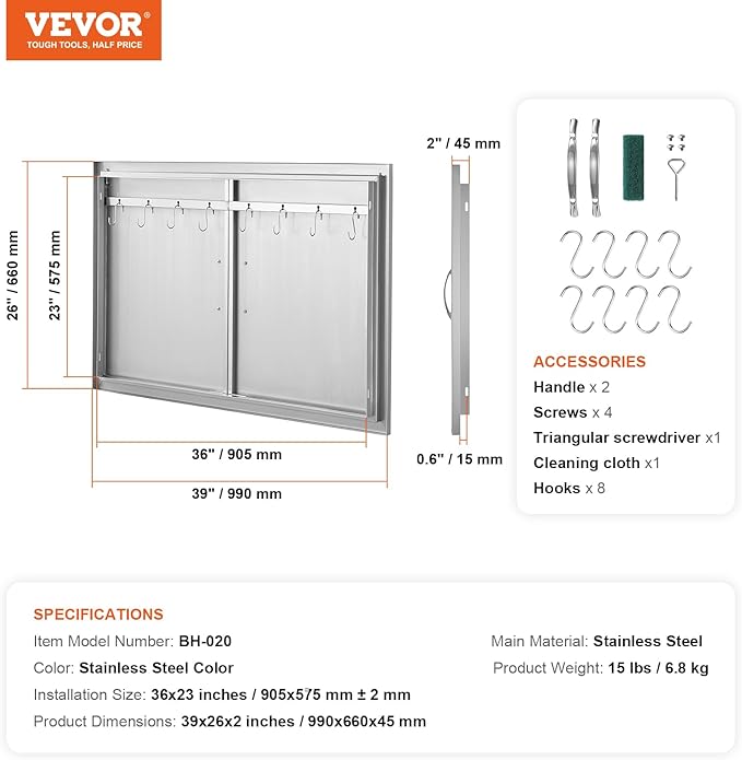 VEVOR BBQ Access Door, 39W x 26H Inch Double Outdoor Kitchen Door, Stainless Steel Flush Mount Door, Wall Vertical Door with Handles and Hooks, for BBQ Island, Grilling Station, Outside Cabinet