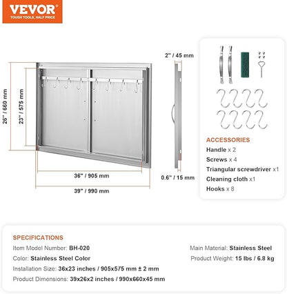 VEVOR BBQ Access Door, 39W x 26H Inch Double Outdoor Kitchen Door, Stainless Steel Flush Mount Door, Wall Vertical Door with Handles and Hooks, for BBQ Island, Grilling Station, Outside Cabinet