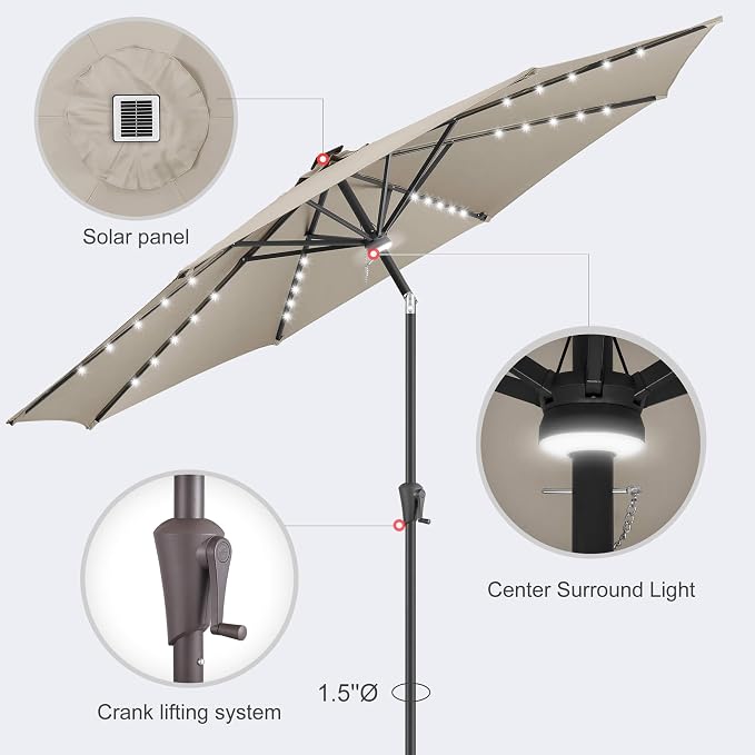 Solar Patio Umbrella with Centre Light, 10 ft Taupe | 40 LED Lights, UV Protection, Solar Outdoor Umbrella for Porch, Deck, Pool, Table, Garden, Provides Evening Lighting