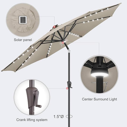 Solar Patio Umbrella with Centre Light, 10 ft Taupe | 40 LED Lights, UV Protection, Solar Outdoor Umbrella for Porch, Deck, Pool, Table, Garden, Provides Evening Lighting