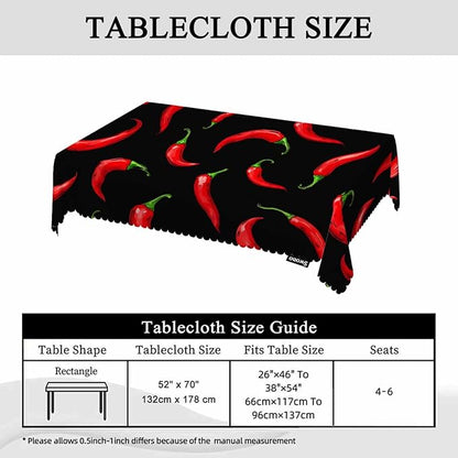 Swono Chili Pepper 52"X70" Oblong Table Cloth Red Hot Chili Pepper On Black Wrinkle Free Table Cover Farmhouse Tablecloth for Home Restaurant Picnic Indoor Outdoor Dining, 4-6 Seats