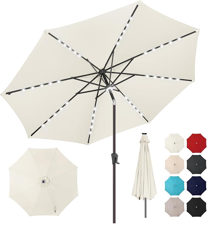 Solar Patio Umbrella with Centre Light, 10 ft Ivory | 40 LED Lights, UV Protection, Solar Outdoor Umbrella for Porch, Deck, Pool, Table, Garden, Provides Evening Lighting