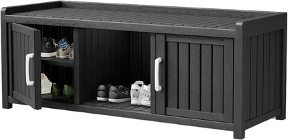 Storage Bench - Waterproof Resin Shoe Bench with Adjustable Shelves - Indoor & Outdoor Use, 2 Doors Entryway Bench with Hidden Storage Space - Storage Cabinet for Bedroom, Hallway, Black
