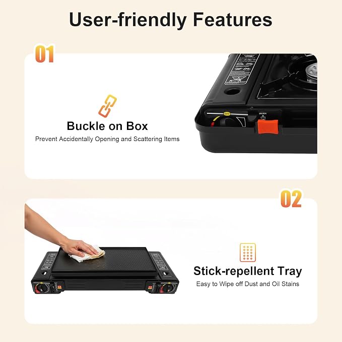 Portable Butane Camping Stove, 2 Burners Camping Stove with Non-sticking Coating Grill Tray & Storage Case, Piezoelectric Ignition Stove for Camping, Picnics, BBQ, LPG & Butane Compatibility