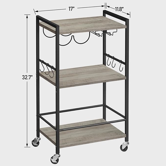 TUTOTAK Bar Cart with Wheels, Mini Drink Cart with Wine Rack & Glass Holder | 3-Tier 17 Inch Wide Home Bar Serving Carts, Small Mobile Kitchen Shelf with 6 Hooks, Greige BC01BG035
