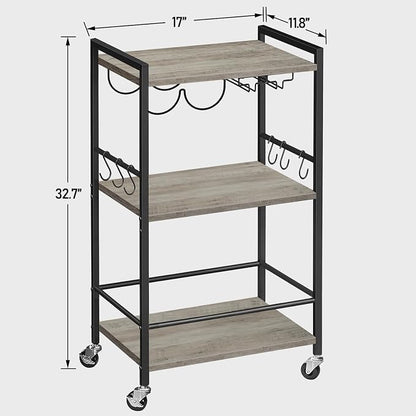 TUTOTAK Bar Cart with Wheels, Mini Drink Cart with Wine Rack & Glass Holder | 3-Tier 17 Inch Wide Home Bar Serving Carts, Small Mobile Kitchen Shelf with 6 Hooks, Greige BC01BG035