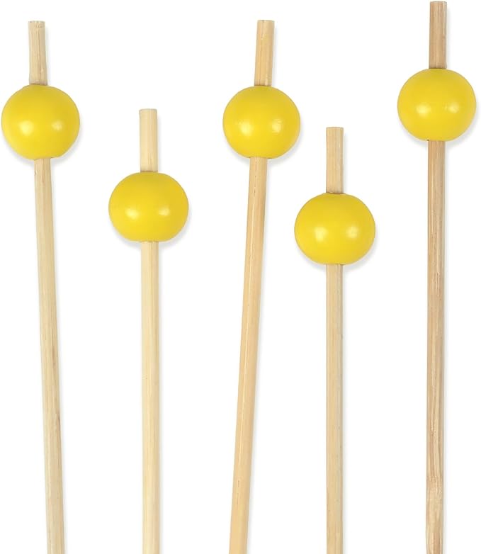 BambooMN Decorative Ball End Cocktail Fruit Sandwich Picks Skewers for Catered Events, Holiday's, Restaurants or Buffets Party Supplies - 3.9" Bright Yellow, 100 Pcs