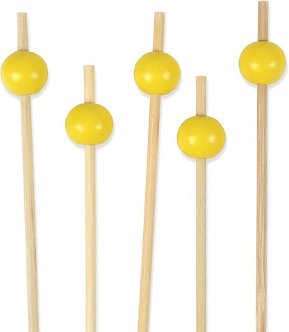 BambooMN Decorative Ball End Cocktail Fruit Sandwich Picks Skewers for Catered Events, Holiday's, Restaurants or Buffets Party Supplies - 3.9" Bright Yellow, 100 Pcs