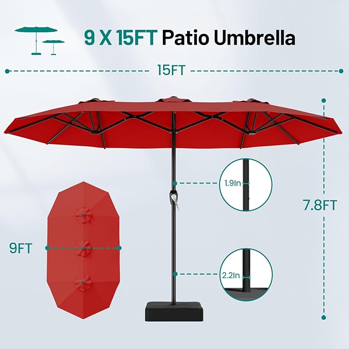 AreShark 15ft Patio Umbrella with Base, Double Sided Outdoor Umbrella with 12 Fiberglass Ribs, Large Outdoor Umbrella for Garden, Pool, Deck, Backyard & Market, Red