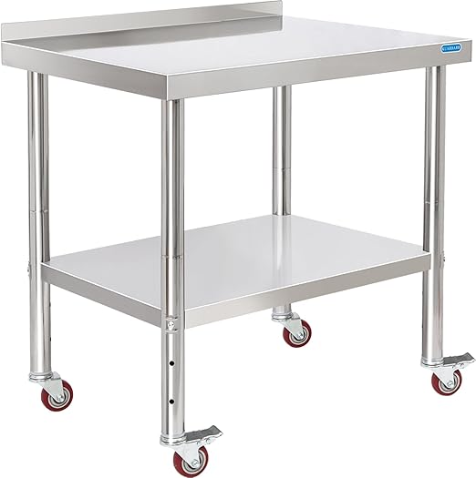 KUARBARR Stainless Steel Table for Prep & Work with 4 Caster Wheels with Backsplash 24 x 30 NSF Metal Commercial Kitchen Adjustable Under Shelf Worktable for Restaurant Home Outdoor