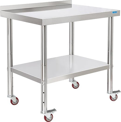 KUARBARR Stainless Steel Table for Prep & Work with 4 Caster Wheels with Backsplash 24 x 30 NSF Metal Commercial Kitchen Adjustable Under Shelf Worktable for Restaurant Home Outdoor