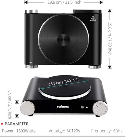 Cusimax Hot Plate Electric Burner Single Burner Cast Iron hot plates for cooking Portable Burner 1500W with Adjustable Temperature Control Stainless Steel Non-Slip Rubber Feet, Upgraded Version