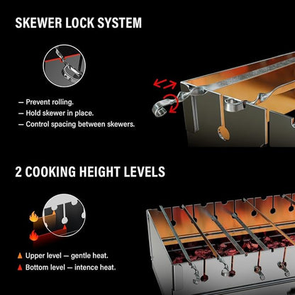Stainless Steel Charcoal Grill, Portable Foldable Kabob Mangal, Heavy-Duty Rustproof BBQ, 24.80x9.45x25.2 Inch, for Outdoor Use, 12 Skewer Capacity, (Skewers Not Included)