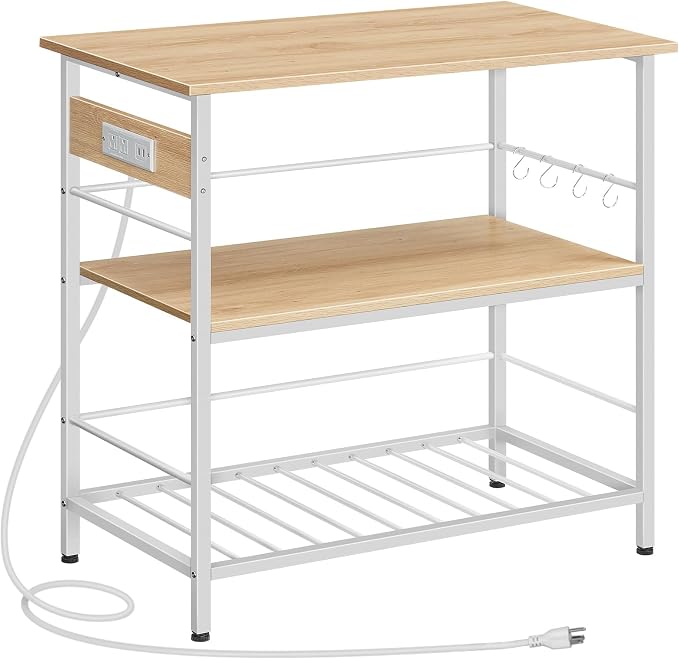HOOBRO Kitchen Island with Storage, Kitchen Island Table with Power Outlet, 3 Tier Coffee Station and Microwave Stand, for Home, Kitchen and Dining Room, Natural and White WN021ZD01