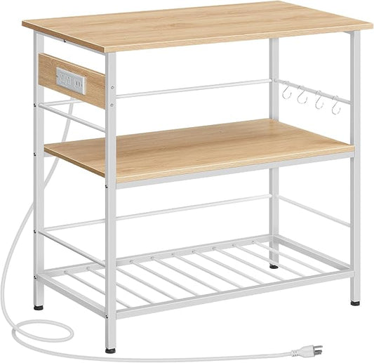 HOOBRO Kitchen Island with Storage, Kitchen Island Table with Power Outlet, 3 Tier Coffee Station and Microwave Stand, for Home, Kitchen and Dining Room, Natural and White WN021ZD01