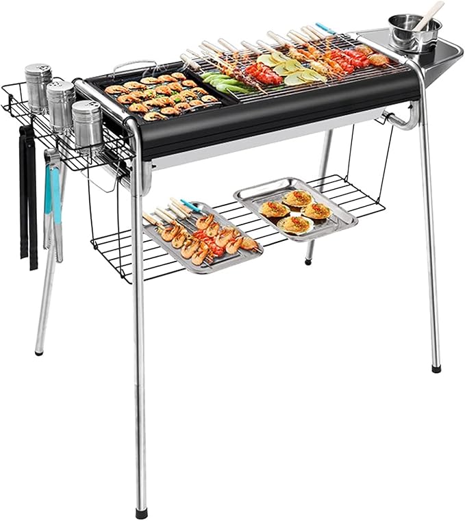 Portable Charcoal Grill for Camping BBQ Grills, Outdoor Barbecue Grill with Thickened Stainless Steel Fire Rod, Foldable & Removable Rack for Smoking and Grilling, A-1