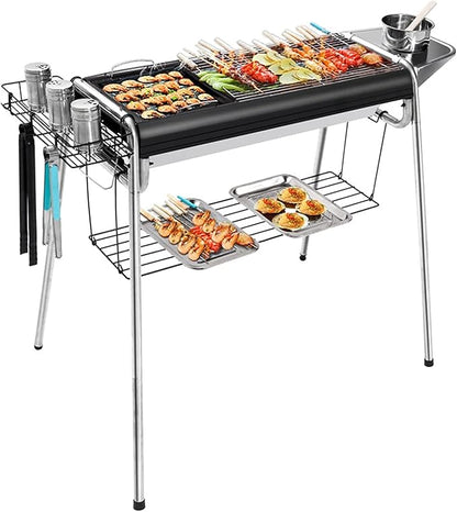 Portable Charcoal Grill for Camping BBQ Grills, Outdoor Barbecue Grill with Thickened Stainless Steel Fire Rod, Foldable & Removable Rack for Smoking and Grilling, A-1