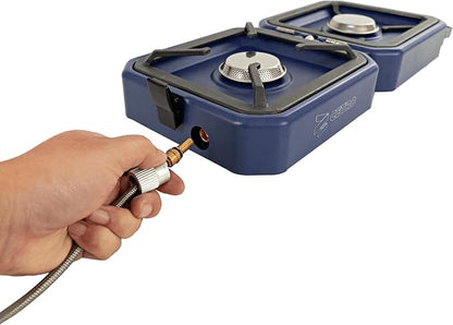 2-Burner Foldable Cetro Camping Stove CFBM PF-1921 with Griddle Portable Propane Camp Stove with 2 Adjustable Burners Piezo Ignition