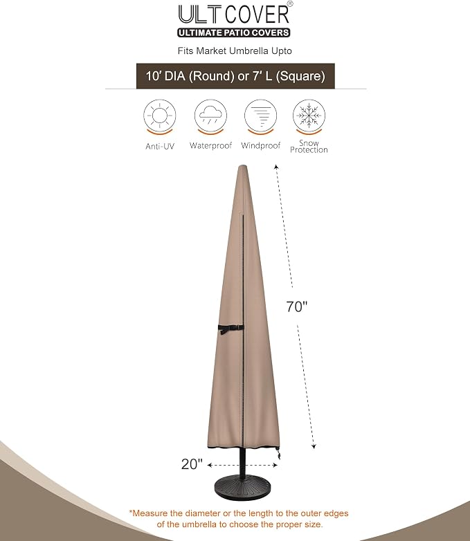 ULTCOVER Patio Parasol 600D Waterproof Outdoor Market Umbrella Cover - Fits Market Umbrella 7-10 Feet