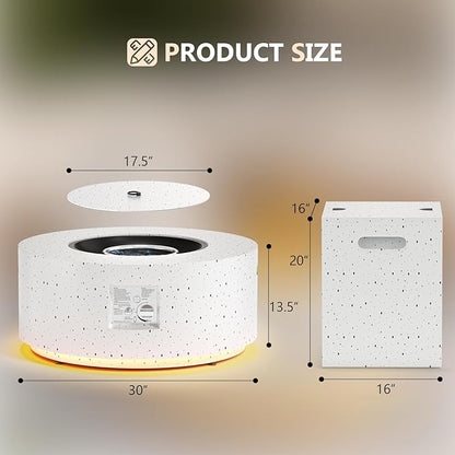 2-Piece Outdoor Propane Fire Pit Table Set w Tank Side Table 30'' Round Fire Pit Table 2-in-1 Firepit Table for Outside Gas Fire Pit w 304 Stainless Steel Burner 50,000 BTU, Speckled White w Warm LED