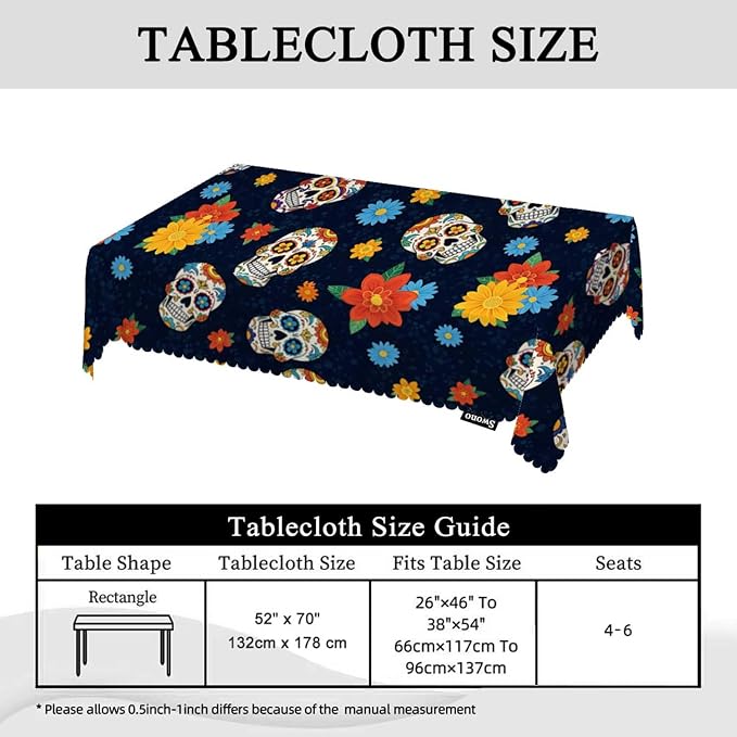 Swono Day of The Dead Table Cloth Rectangle Tables Mexican Sugar Skulls Flowers Kitchen Table Cover Oblong 52"X70" Tablecloth for Dining Table Buffet Parties Patio and Camping