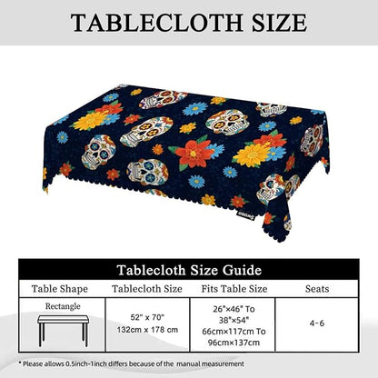 Swono Day of The Dead Table Cloth Rectangle Tables Mexican Sugar Skulls Flowers Kitchen Table Cover Oblong 52"X70" Tablecloth for Dining Table Buffet Parties Patio and Camping