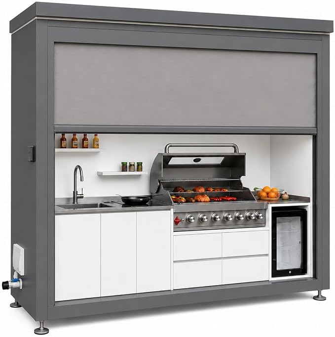 Sunnyjoy Modular Outdoor Kitchen MAX, Premium Aluminum Cabinet System-3 | MAX roll-up shade version with grill, sink & storage, durable weather-resistant design, includes roll-up set for protection