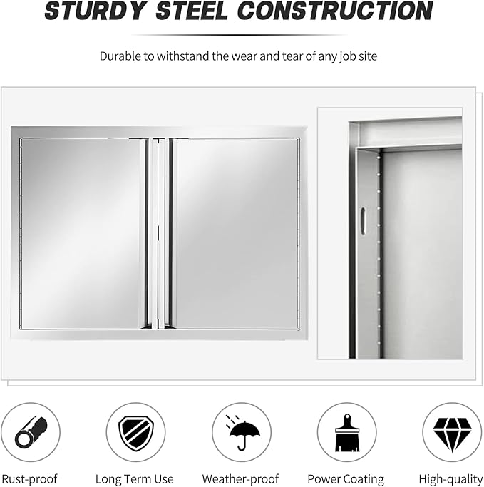 Outdoor Kitchen Double Access Door Stainless Steel BBQ Door Without Handle, 26W 24H inch Double Wall Cabinet Grill Station or BBQ Island