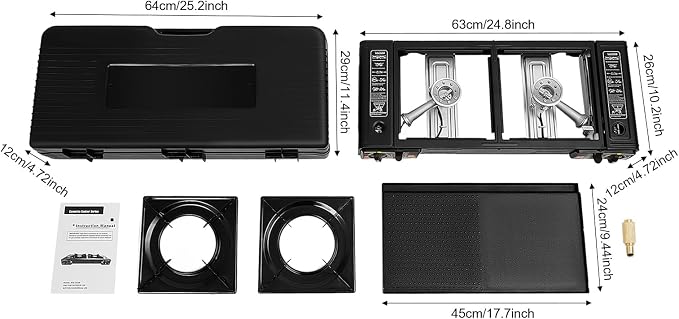 Portable Butane Camping Stove, 2 Burners Camping Stove with Non-sticking Coating Grill Tray & Storage Case, Piezoelectric Ignition Stove for Camping, Picnics, BBQ, LPG & Butane Compatibility