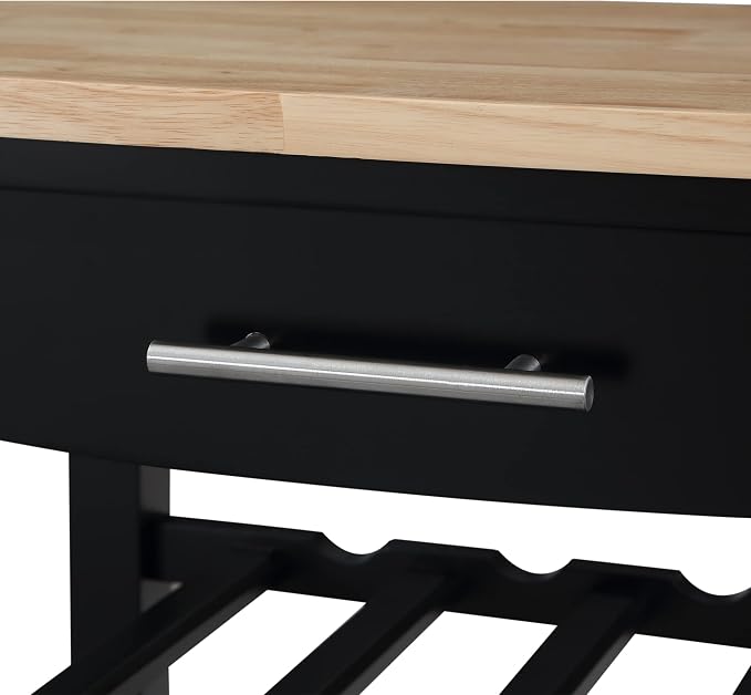 Convenience Concepts Ellaine Butcher Block Kitchen Cart 24.75" - 4 Tier Kitchen Island with Storage Drawer, Dining Room Wine Rack on Wheels, Coffee Station Table, Mobile Utility Trolley, Black