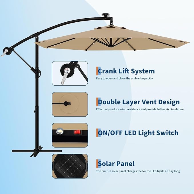 Garvee 10FT Solar Lights Offset Patio Umbrella with Cross Base, Tan | Cantilever Umbrella with Easy Lift & Tilt Adjustment, 8 Ribs Sun umbrella UV Protection for Backyard, Pool, Garden