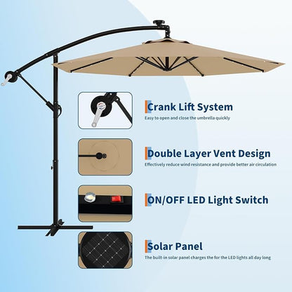 Garvee 10FT Solar Lights Offset Patio Umbrella with Cross Base, Tan | Cantilever Umbrella with Easy Lift & Tilt Adjustment, 8 Ribs Sun umbrella UV Protection for Backyard, Pool, Garden