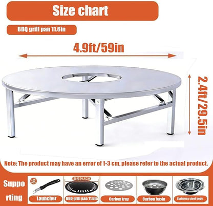 Embedded Stainless Steel Korean Charcoal BBQ Grill Foldable Outdoor Table, Outdoor Barbecue and hot Pot Easy Clean Multifunctional Design Patio Family Party & Restaurant,Circle 4.9ft