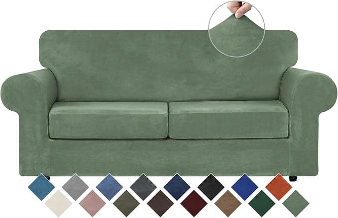 WEERRW Velvet Stretch 3 Pieces Couch Cover for Sofa Washable, Greyish Green | Love Seat Couch Covers for 2 Cushion Couch Sofa Furniture Protector slipcoves with Elastic Bottom for Kids, Medium
