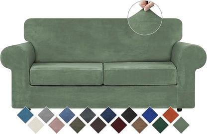 WEERRW Velvet Stretch 3 Pieces Couch Cover for Sofa Washable, Greyish Green | Love Seat Couch Covers for 2 Cushion Couch Sofa Furniture Protector slipcoves with Elastic Bottom for Kids, Medium
