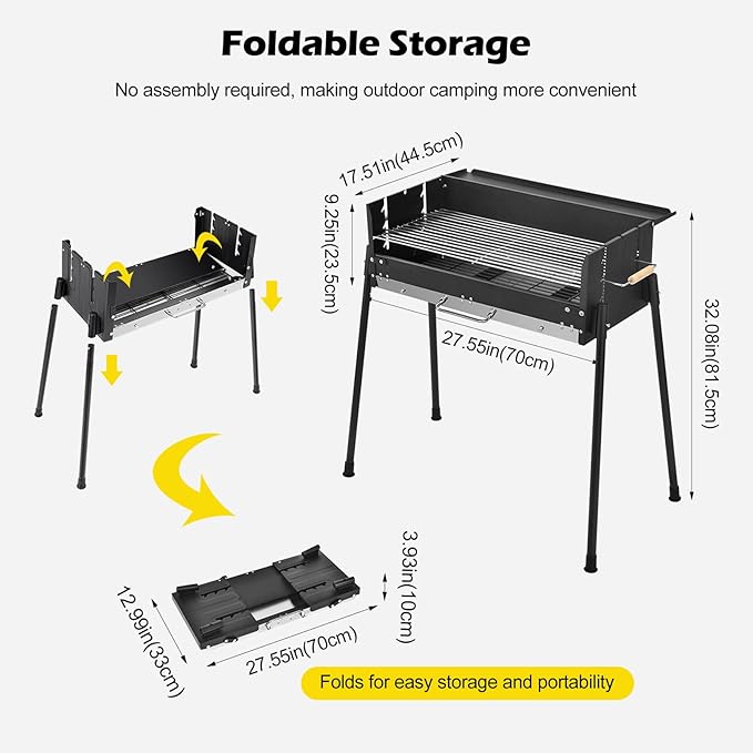 Ergocar Charcoal Barbecue Grill - Foldable No Assembly Required Thickened Stainless Steel Windproof Three-Level Temperature Control, Built-In Seasoning Tray, Suitable For Five Or More Persons