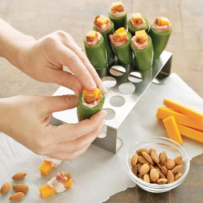 PUXING Jalapeno Grill Rack with Corer Tool Jalapeno Popper Holder 18 Holes Stainless Steel Drumstick Chicken Wings Roaster Popper Griller& Cooker for BBQ Smoker and Oven (Color:Silver)